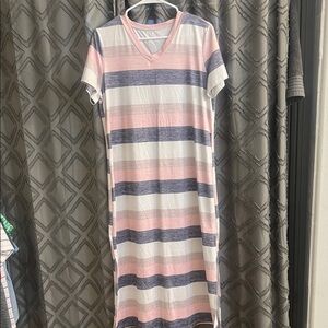 Striped V-Neck Midi Dress in Pink, Navy & White